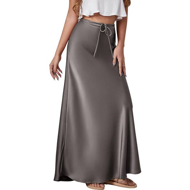 (S, Gray) Silk Skirt for Women High Waisted A Line Satin Skirts Elegant Midi Bodycon Skirt