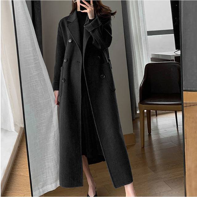 (M, Black) Autumn Winter Women Woolen Cloth Coat Warm Long Length Double Breasted
