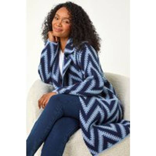 Roman Petite Navy Chevron Print Pocket Knit Coatigan - Size 8