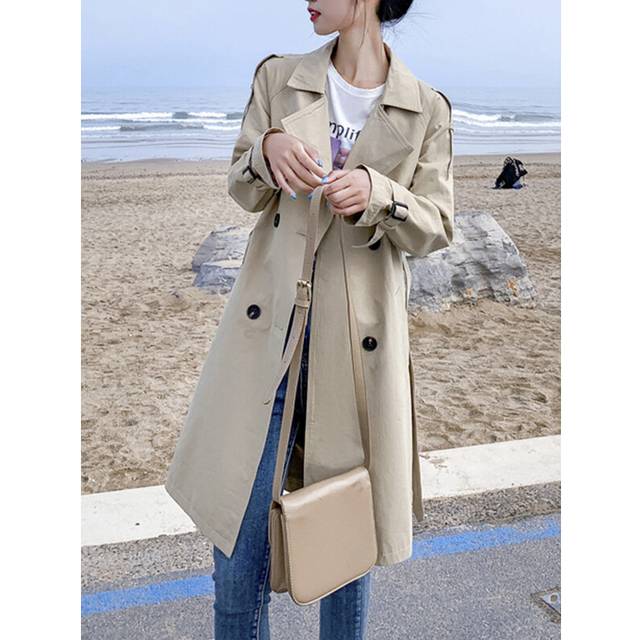 (M, khaki) Aelegantmis Women Casual Long Trench Coat With Sashes Double Breasted