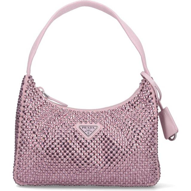 Embellished Satin Mini Bag - Alabaster Pink - Prada's iconic mini hobo silhouette is given a crystal-embellished finish, making this Re-Edition 2000 Mini Bag all the more covetable. Shaped to a sleek silhouette and finished with an enamelled triangle logo and keychain, this is an essential piece for any lover of the Italian house.