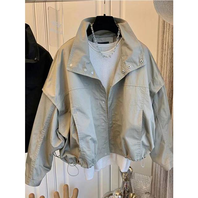 (S, gray khaki) Casual Short Women's Bomber Jacket 2024 Spring Stand Collar Loose Wind