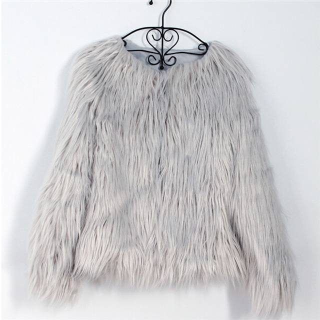 (S, Gray) Furry Fur Coat Women Fluffy Warm Long Sleeve Outerwear Autumn Winter C