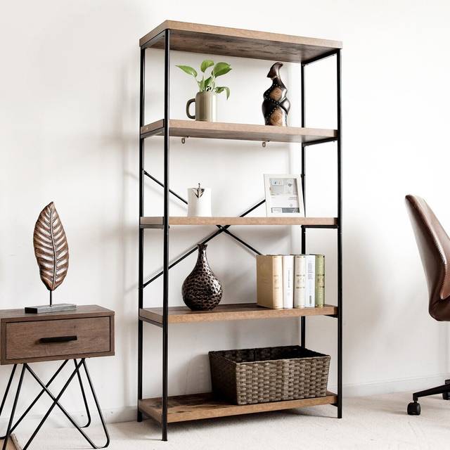 5-Tier Bookshelf Industrial Wood Bookcase Freestanding Display Rack Organizer - Brown (159cm H X 79cm W X 35cm D)