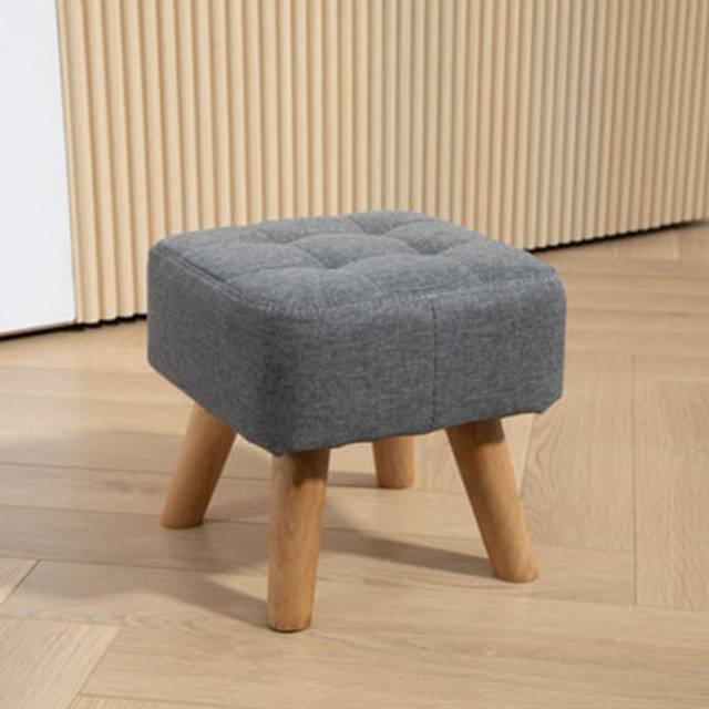 HOMCOM Modern Tufted Footstool, Fabric Foot Stool with Rubber Wood Legs, Padded Seat Grey, Grey