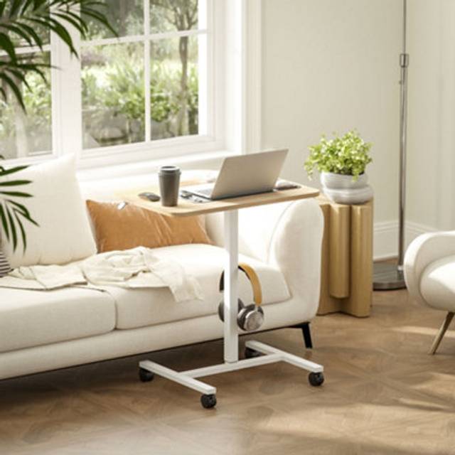 HOMCOM Natural Standing Desk Mobile Overbed Table w/ Wheels for Home Office - Natural wood finish | TJ Hughes