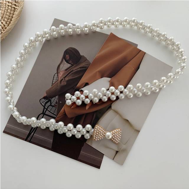 (Pearl Bow) Womens Pearl Modern Belt Stylish Elastic Waist Accessory Ideal For Dresses And Sweaters