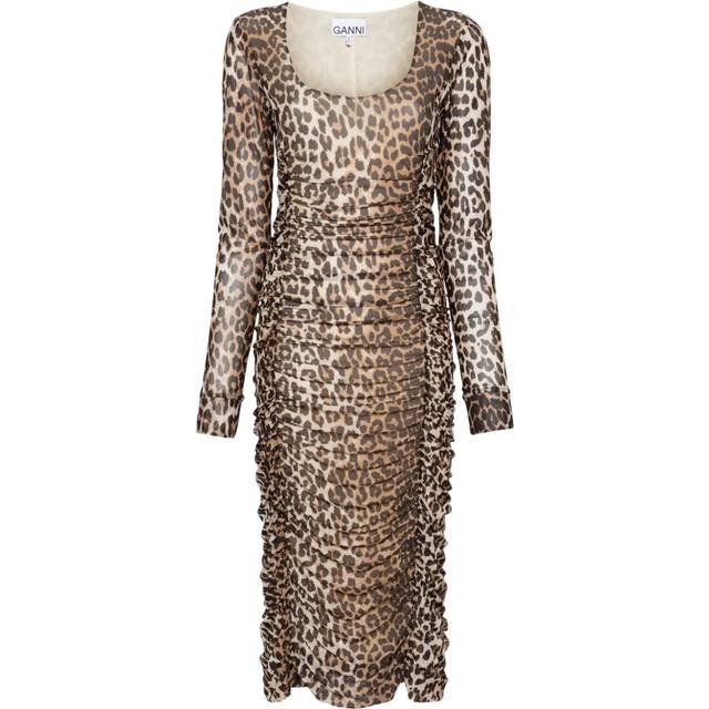 GANNI - leopard-print ruched-detail midi dress - women - Spandex/Elastane/Recycled Polyester/Recycled Polyamide - 34 - Neutrals