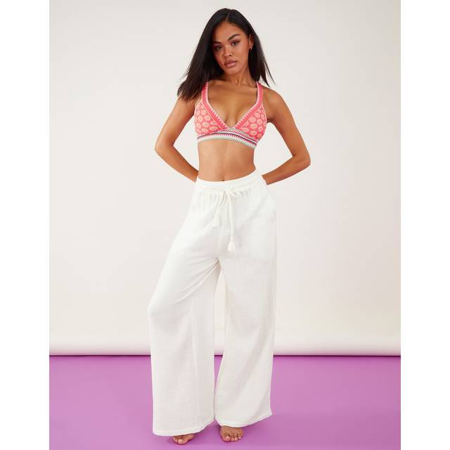 White Cotton Crinkle Beach Trousers, Size: XS, Women's - Accessorize - xs
