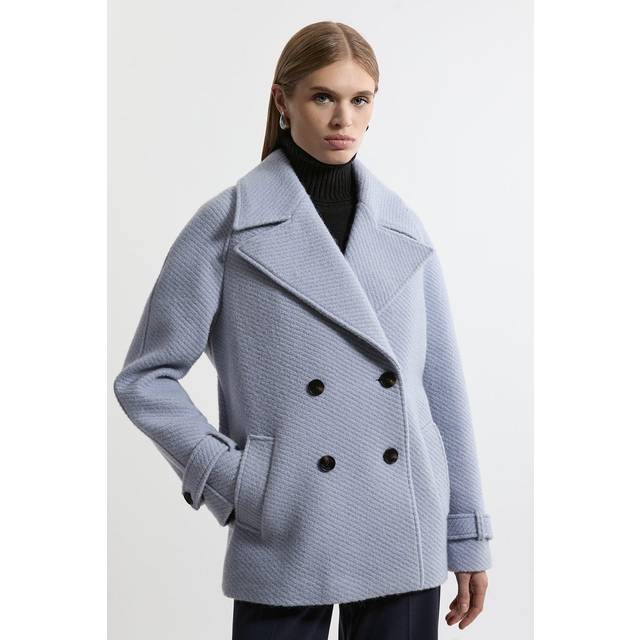 Textured Wool Blend Short Pea Coat - Pale Blue