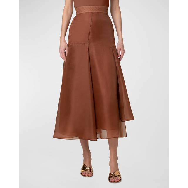 Asymmetric Pleated Silk Organza Flared Midi Skirt - VICUNA - 8
