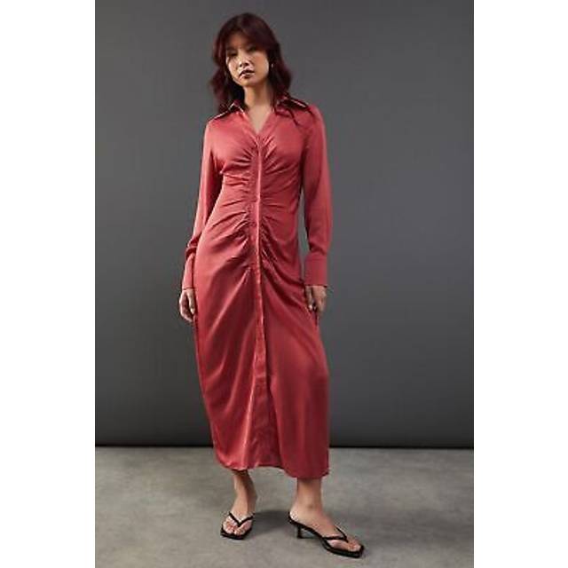 Warehouse Womens Satin Ruched Front Midi Shirt Dress - Pink - Size 10 UK
