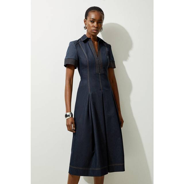Tailored Denim Full Skirted Midaxi Shirt Dress - Indigo