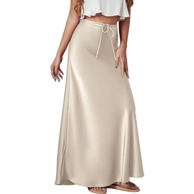 (L, Beige) Silk Skirt for Women High Waisted A Line Satin Skirts Elegant Midi Bodycon Skirt