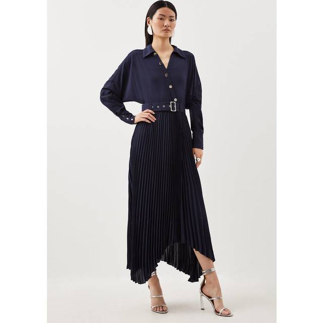 Jersey And Georgette Mix Belted Pleat Midi Dress - Navy