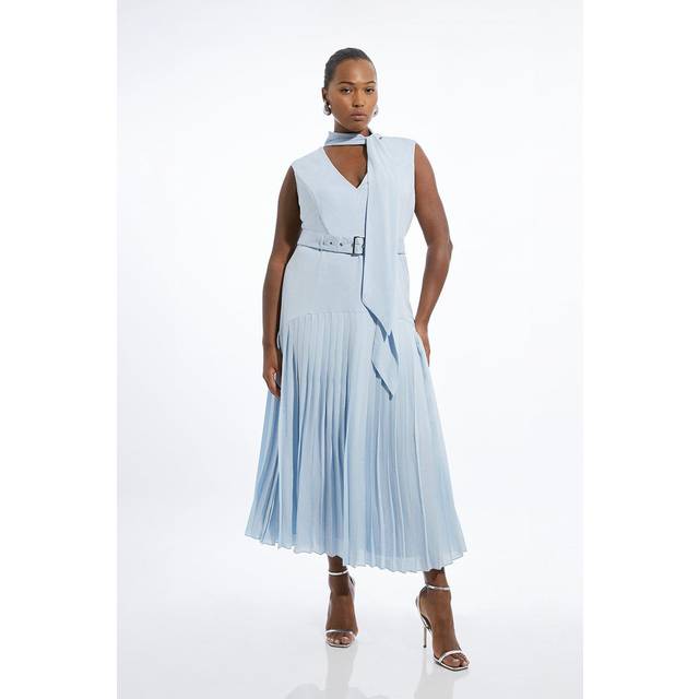 Plus Size Tie Neck Ponte And Georgette Jersey Pleated Midaxi Dress - Baby Blue