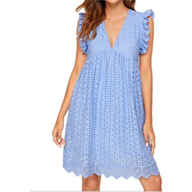 (Light Blue, XL) Lace Jacquard Cutout V Neck Midi Summer Casual Dress Women