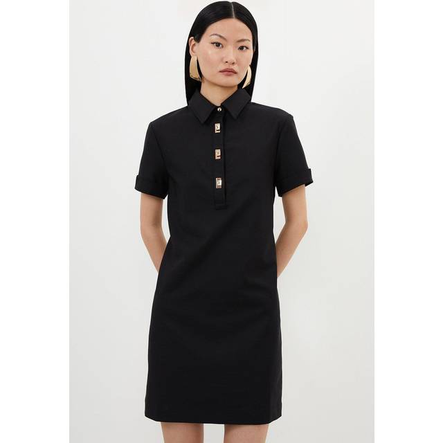 Techno Cotton Woven Short Shirt Dress With Gold Clasp - Black