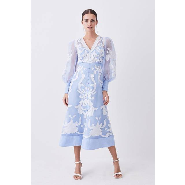 Tall Applique Organdie Buttoned Woven Maxi Dress - Blue