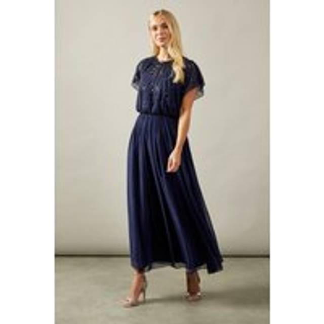 Womens Petite Occasion Linear Embellished Sequin Midaxi Dress - Navy - 10
