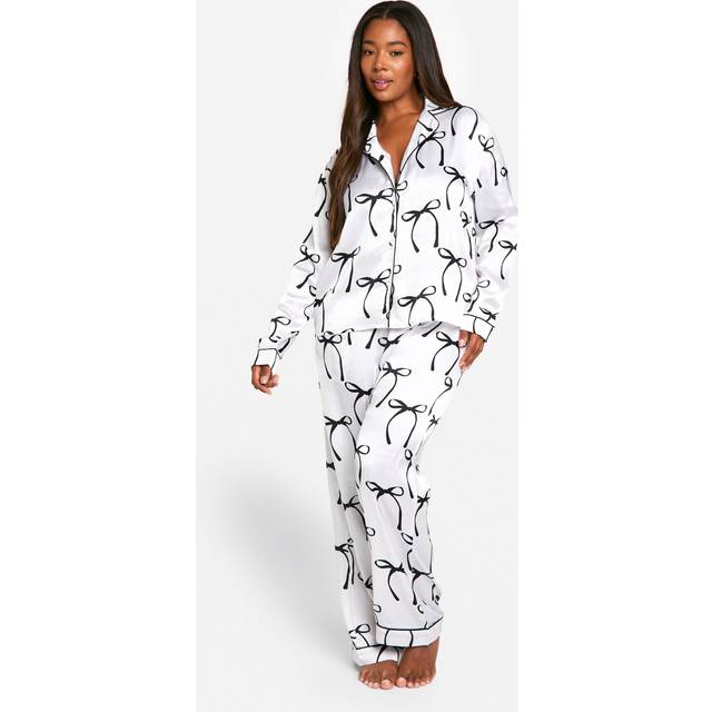 Womens PLUS BOW PRINT SATIN BUTTON THROUGH SHIRT & TROUSER PYJAMA SET - White - 18
