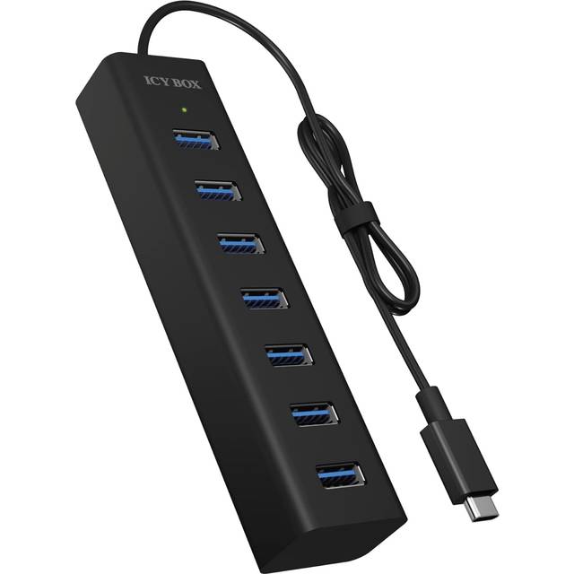 ICY BOX IB-Hub 1700-C3 7-vägs USB Type-C-hub med 7 x USB 3.0 (Type-A) portar och strömförsörjning, integrerad kabel, aluminium, svart
