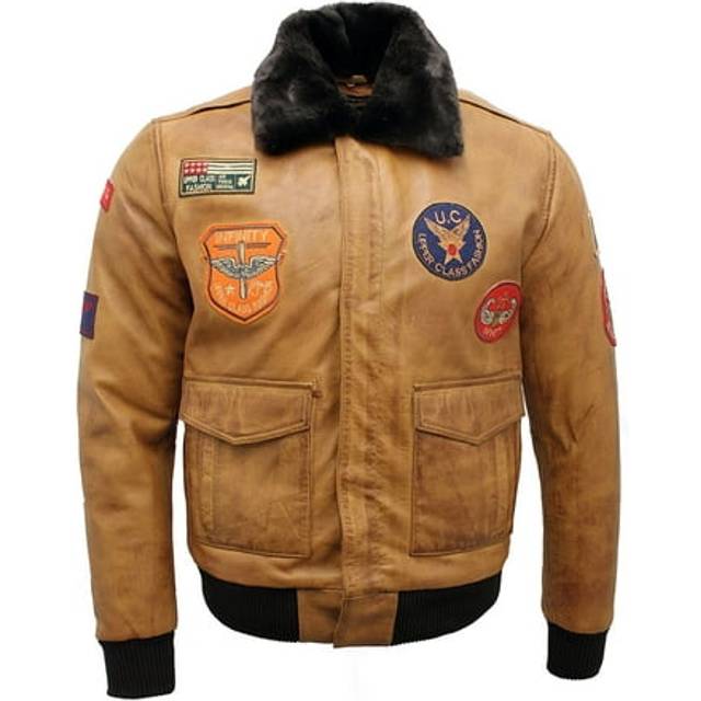 Men's tan nappa leather flight bomber jacket with detachable collar