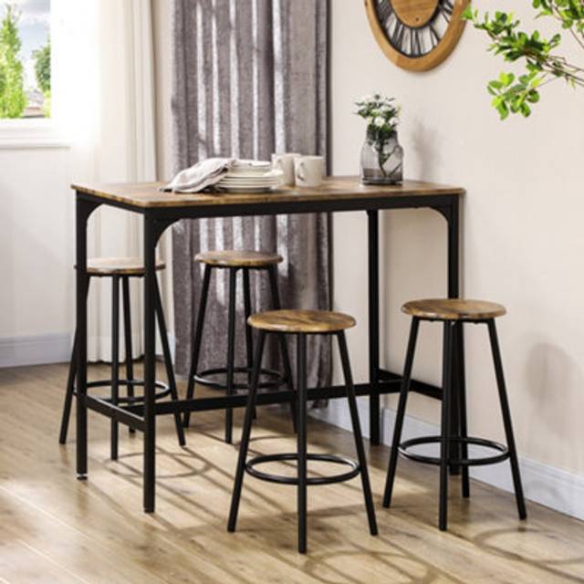 Homcom 5 Piece Bar Table And Stools Set With Metal Frame Rustic Brown - One Size