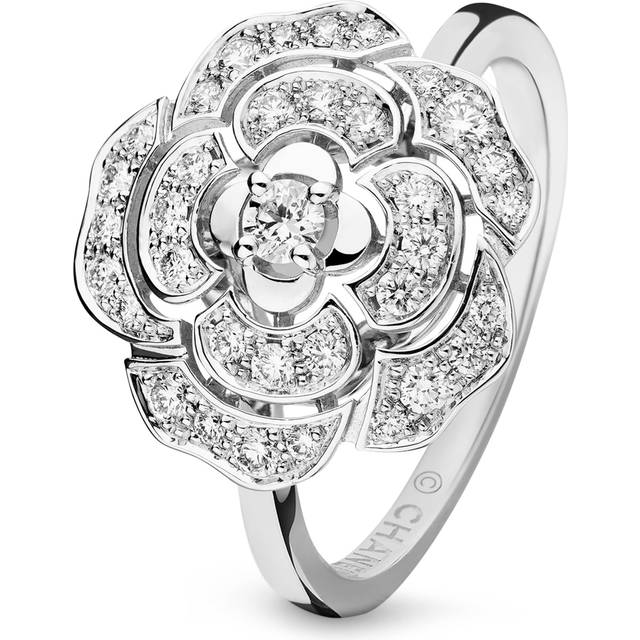 CHANEL White Gold and Diamond Camélia Ring - Silver - 50