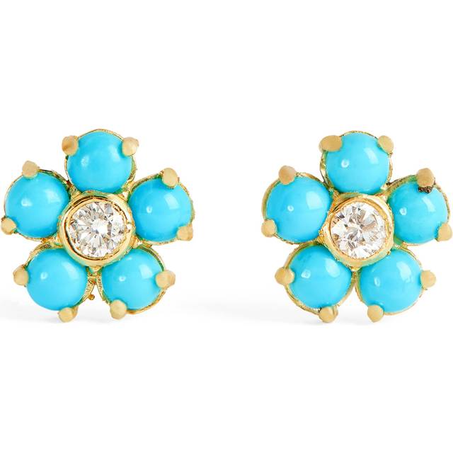 Jennifer Meyer Yellow Gold, Diamond and Turquoise Flower Stud Earrings - One size
