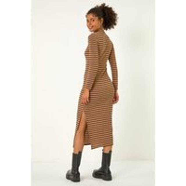 Dusk Womens High Neck Stripe Bodycon Midi Dress - Brown - Size 12 UK
