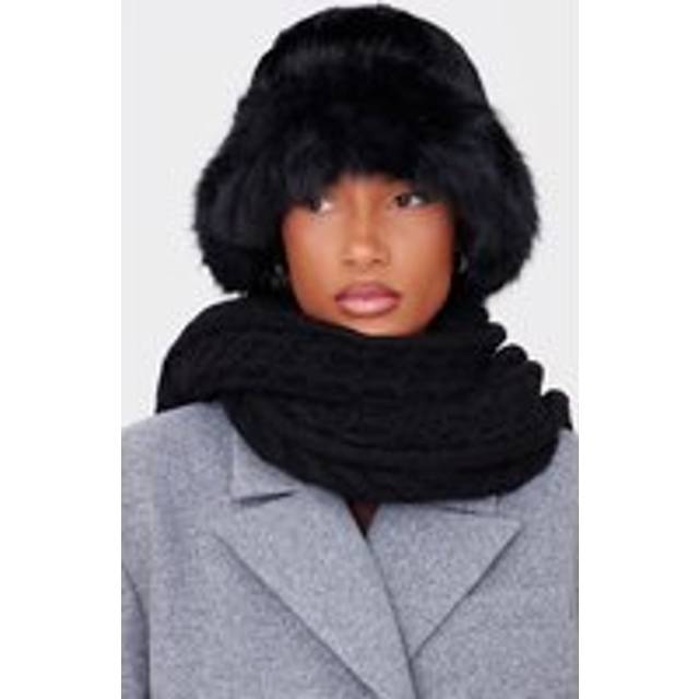 Black Faux Fur Fluffy Trim Bucket Hat, Black - One Size