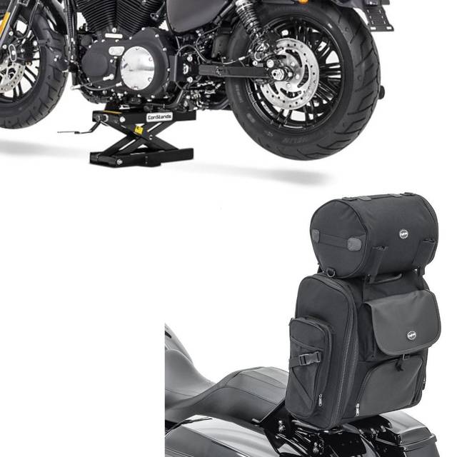 Set: Sissybar Tasche SXL Hecktasche mit Gepäckrolle in schwarz + Hebebühne Mini-Lift Scherenheber bis 500kg in schwarz
