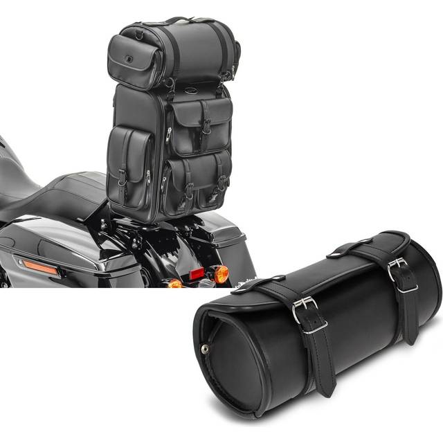 Set: Sissybar Tasche mit Gepäckrolle passend für Chopper Craftride DLX Hecktasche PU Leder + Motorrad Werkzeugrolle Craftride Kansas 3Ltr Custom Werkzeugtasche in schwarz