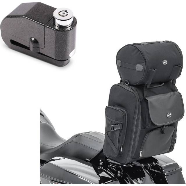Set: Sissybar Tasche SXL Hecktasche mit Gepäckrolle in schwarz + Bremsscheibenschloss Alarm 110dB BS-Motoparts Diebstahlschutz schwarz