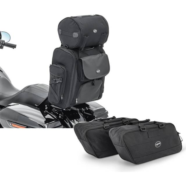 Set: Sissybar Tasche passend für Chopper / Custombike Classic Hecktasche Craftride SXL mit Gepäckrolle CB45449 + Koffer Innentaschen passend für Harley Heritage Softail Classic / 114 BG1 Craftride Paar - schwarz-schwarz