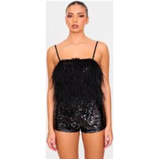 Black Feather Detail Strappy Sequin Playsuit, Black - 16