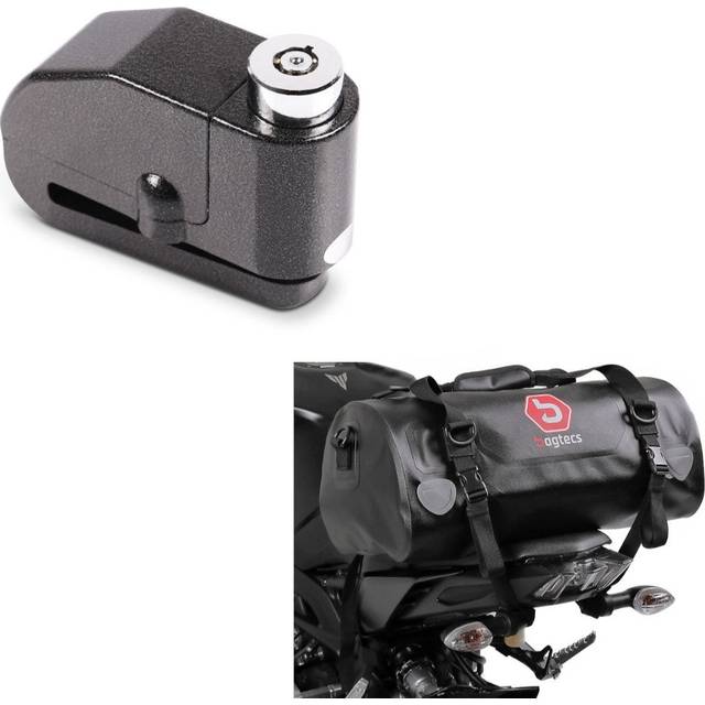 Set: Hecktasche Drybag XF30 Wasserdicht Volumen 30l + Bremsscheibenschloss Alarm 110dB BS-Motoparts Diebstahlschutz schwarz
