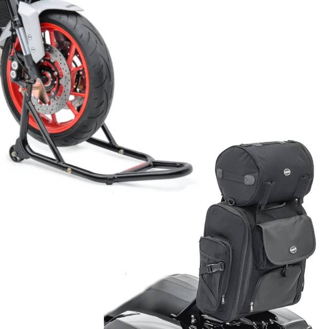 Set : Sissybar Tasche SXL Hecktasche mit Gepäckrolle in schwarz + Montageständer Vorderrad mit gummierten Aufnahmen Motorradheber vorne