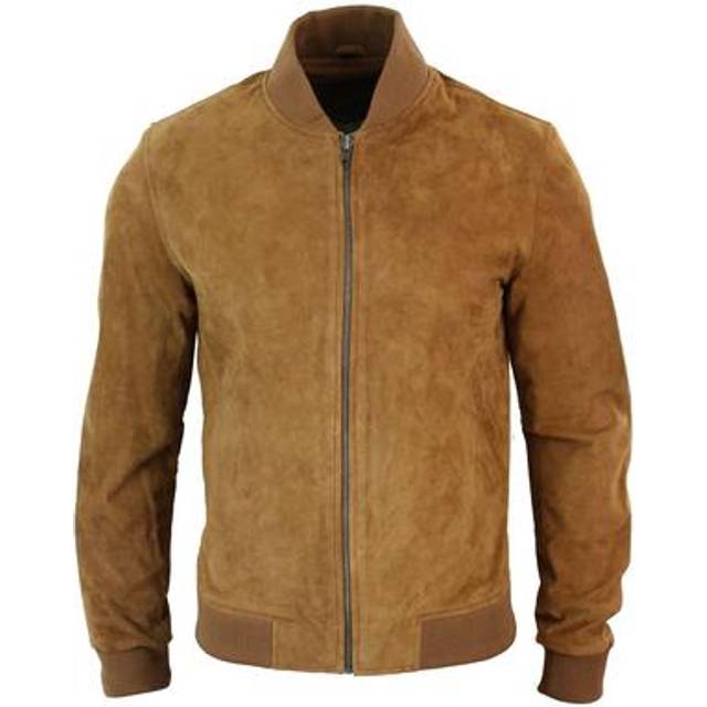 Varsity Suede Leather Bomber Jacket - Tan - XL