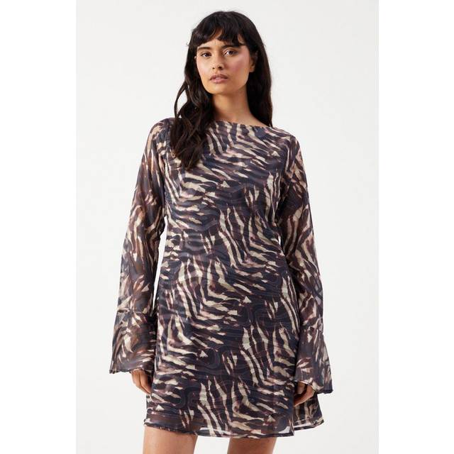 Warehouse Womens Zebra Burnout Chiffon Bias Tie Back Mini Dress - Brown - Size 10 UK