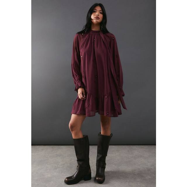 Warehouse Womens Premium Chiffon Tie Neck Moon Embellished Mini Smock Dress - Burgundy - Size 14 UK