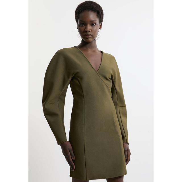 Figure Form Bandage Knit Round Sleeve Mini Dress - Olive