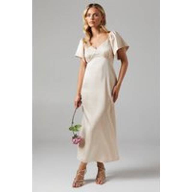Oasis Womens Petite Angel Sleeve Satin Bridesmaids Midi Dress - Champagne - Size 12 UK