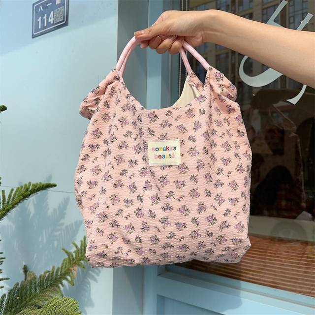 (Pink Purple Floral) Colorful Korean Floral Print Canvas Tote Bag For Summer And Spring With Generous Capacity And Stylish Soft Fabric Design For Dai