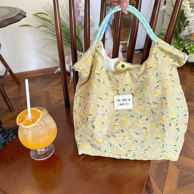 (Yellow Orange Floral) Colorful Korean Floral Print Canvas Tote Bag For Summer And Spring With Generous Capacity And Stylish Soft Fabric Design For Da