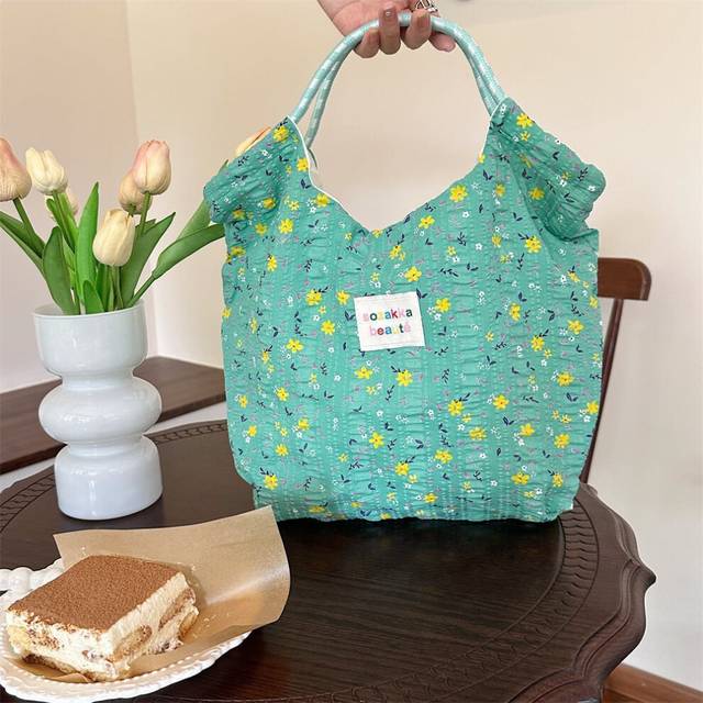 (Green Yellow Floral) Colorful Korean Floral Print Canvas Tote Bag For Summer And Spring With Generous Capacity And Stylish Soft Fabric Design For Dai
