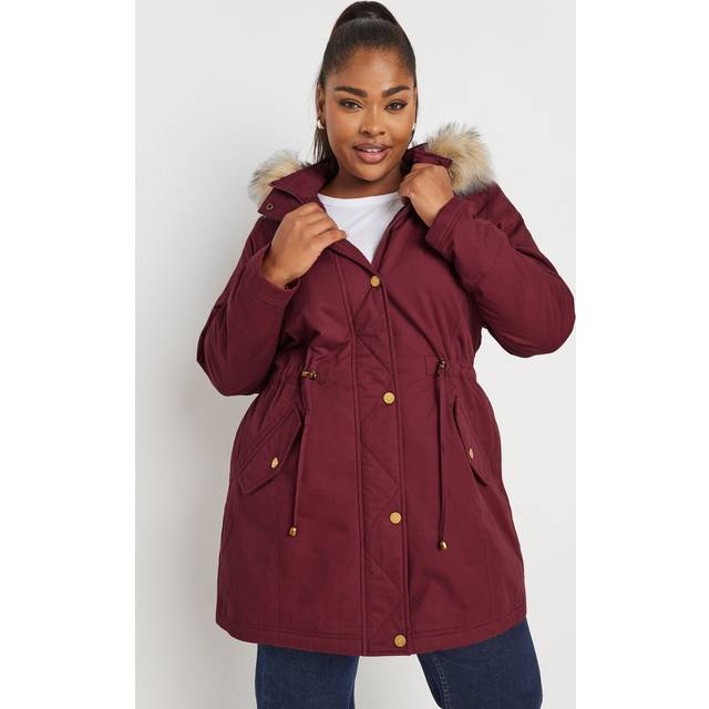 Yours Curve Burgundy Red Faux Fur Trim Parka Coat, Women's Curve & Plus Size, Yours - 20