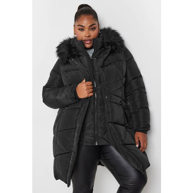 Yours Curve Black Faux Fur Trim Puffer Coat, Women's Curve & Plus Size, Yours - 20
