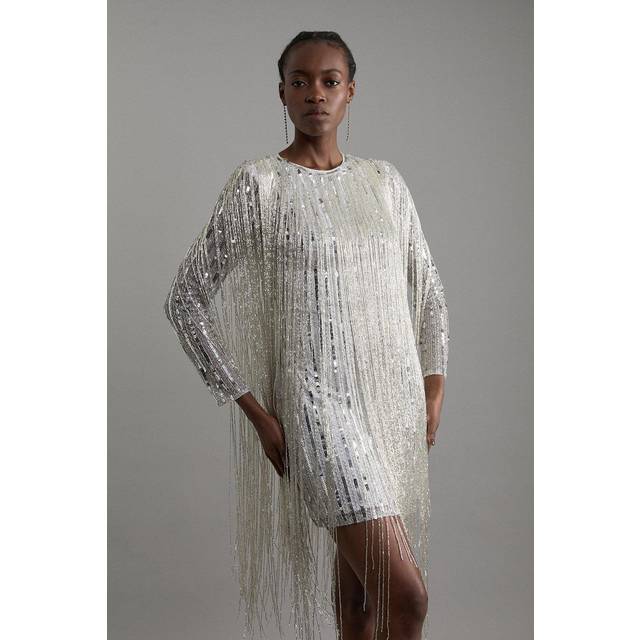 Embellished And Beaded Tassel Woven Mini Dress - Silver